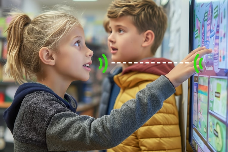 Children in classroom at the Createboard speaking. 