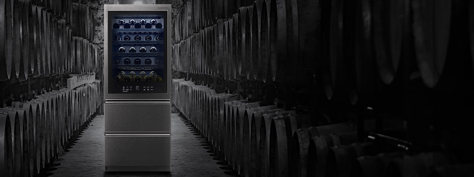 LG URETC1408N refrigerator in a dark wine cellar