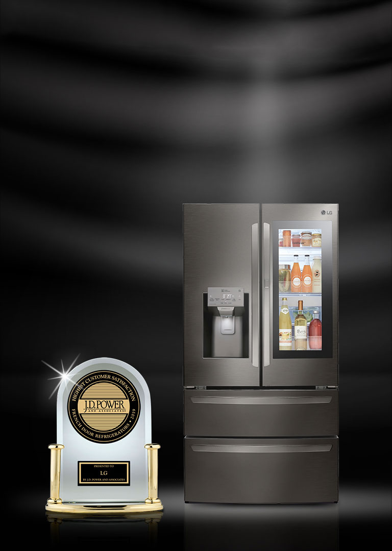 J.D Power Award Winners LG Refrigerators on black background