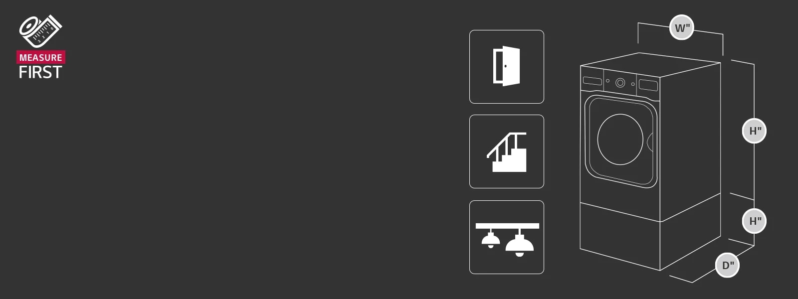 Laundry appliance depicting width, height and depth measurements