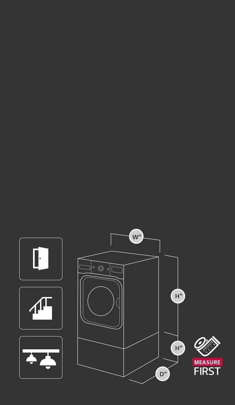 Laundry appliance depicting width, height and depth measurements