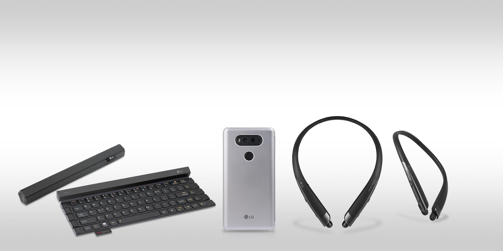 view of a number of LG mobile accessories, including headsets and mobile cases.