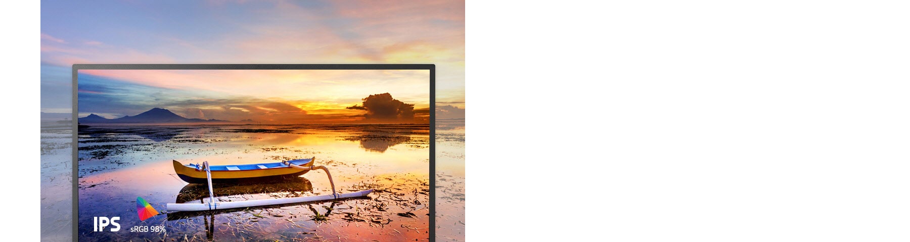 Screen display with a boat on a lake overlooking the sunset