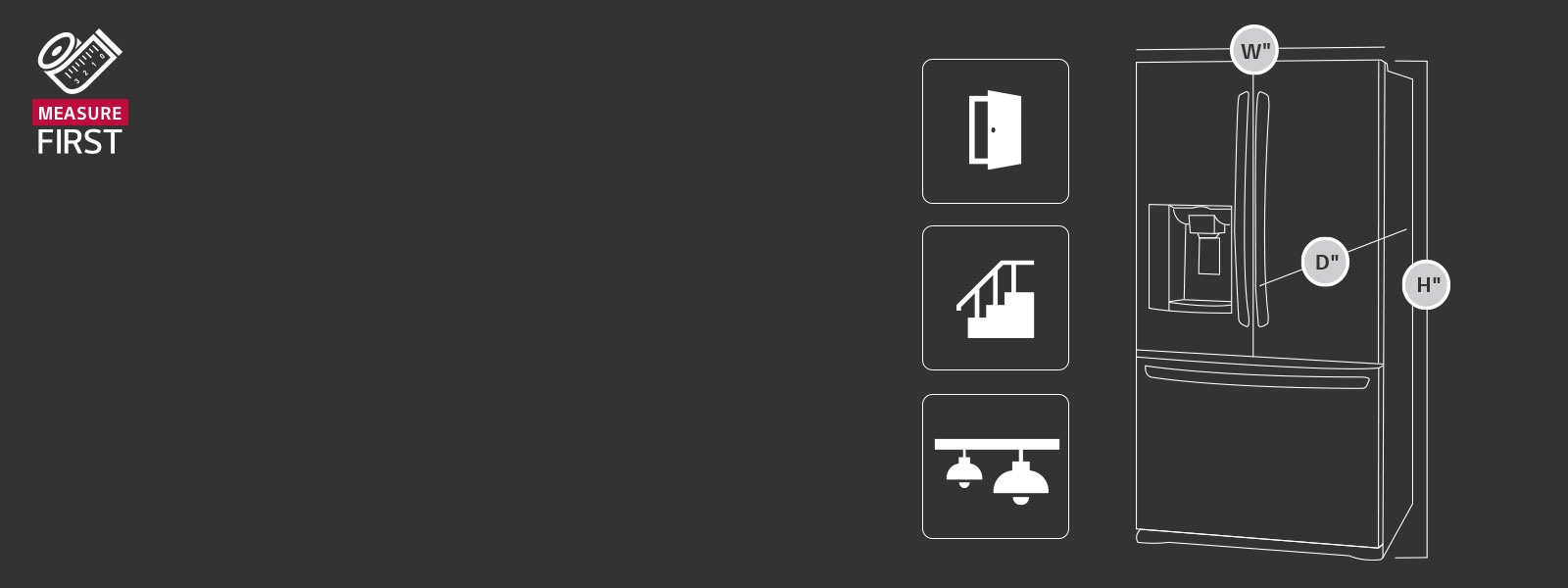 Refrigerator appliance depicting width, height and depth measurements