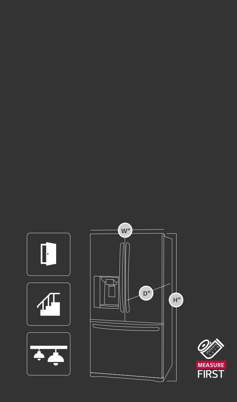 Refrigerator appliance depicting width, height and depth measurements