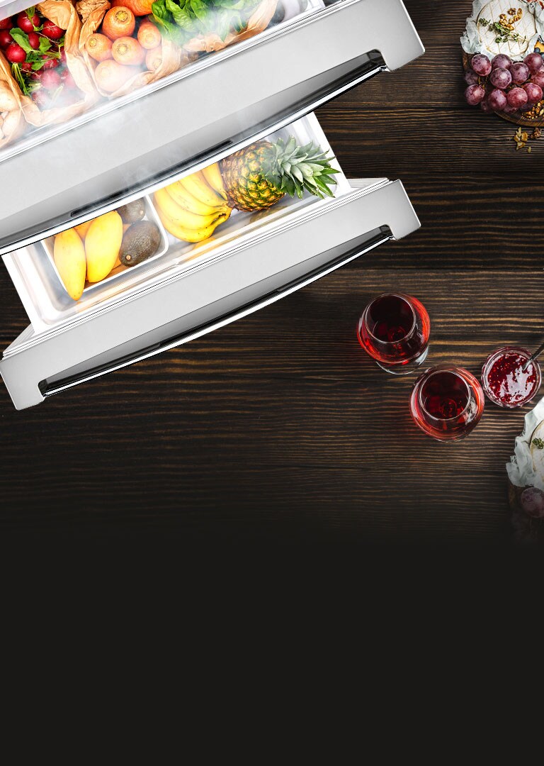 Specialty refrigerator next to various foods