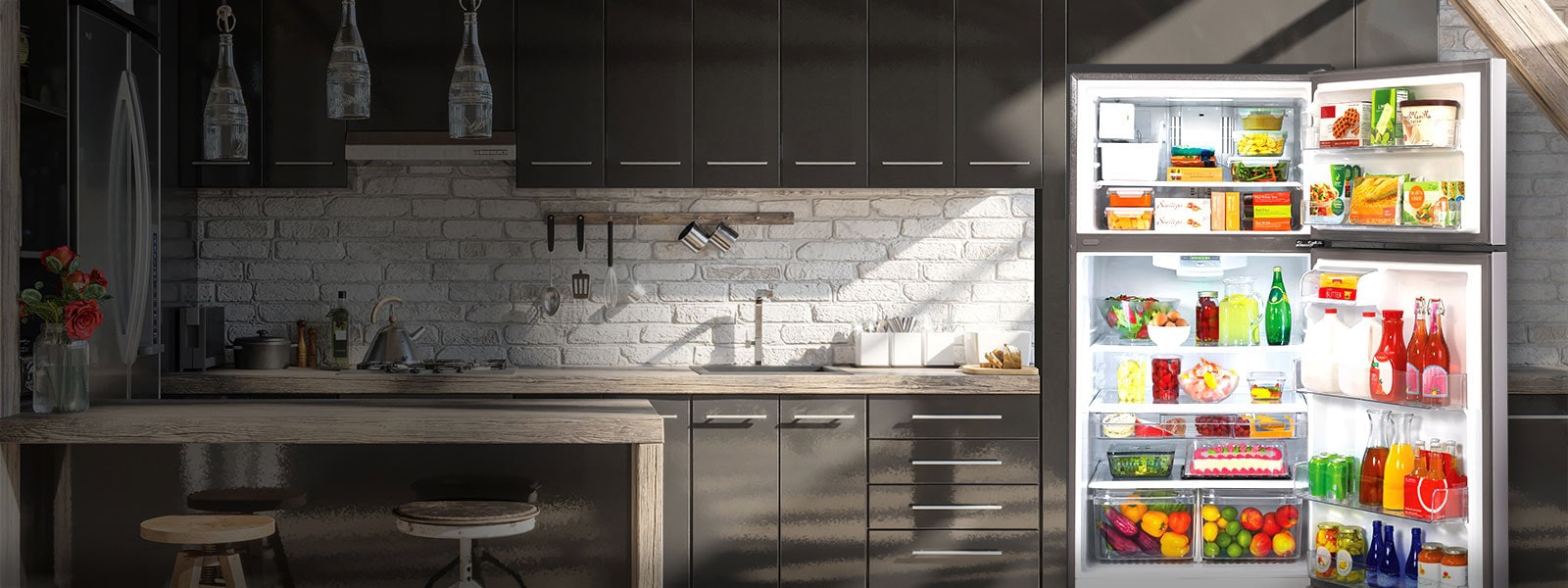 Open LG Refrigerator filled with food highlighted by sunlight in a kitchen