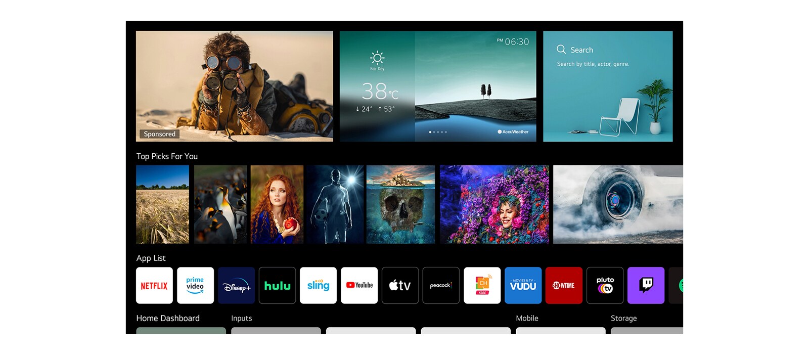A TV screen showing various contents listed and recommended by LG ThinQ AI