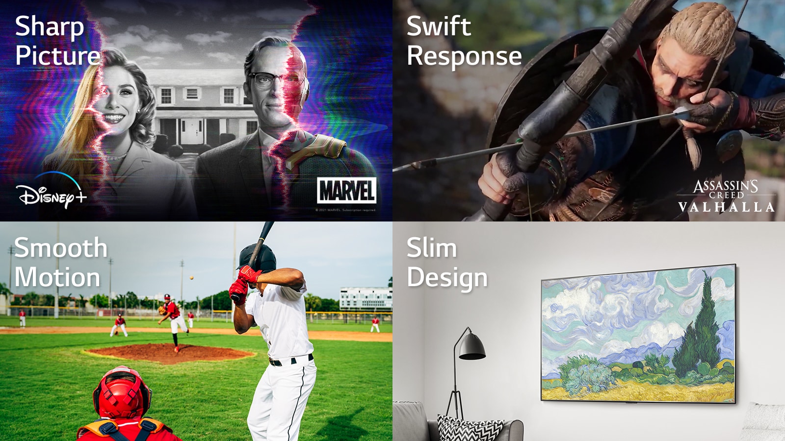 Four screen split of OLED TV features including: A scene from Marvel WandaVision on Disney+, A game scene from Assassin’s Creed Valhalla, A hitter trying to hit a baseball during the game, A work of art on a TV screen hung on the wall.