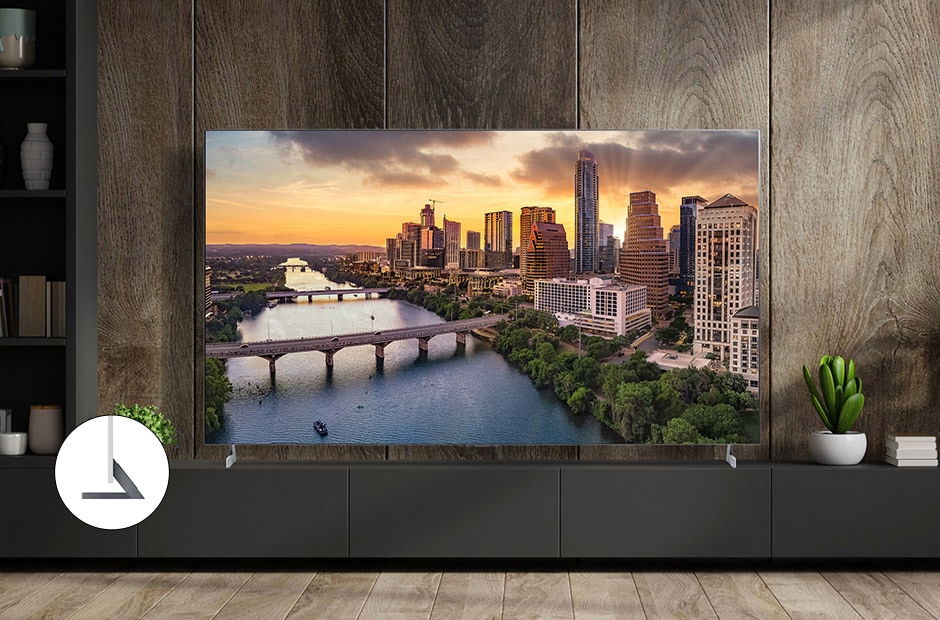 Luxury living room view of LG TV with city landscape on screen