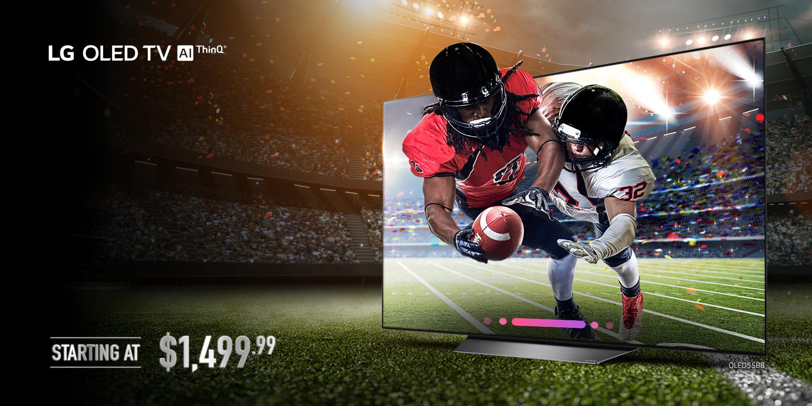 Tackling football players coming out of a TV onto a football field