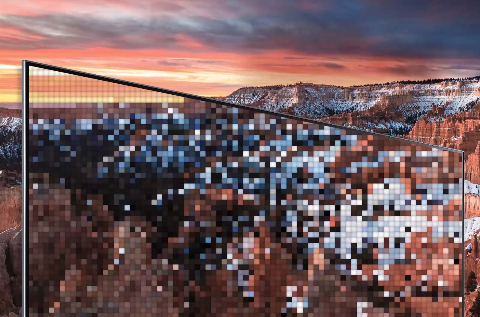 TV scene of mountains becomes more realistic and less pixelated in 8K (play the video).