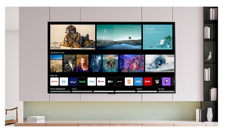 A TV screen displaying newly designed home screen with personalized contents and channels