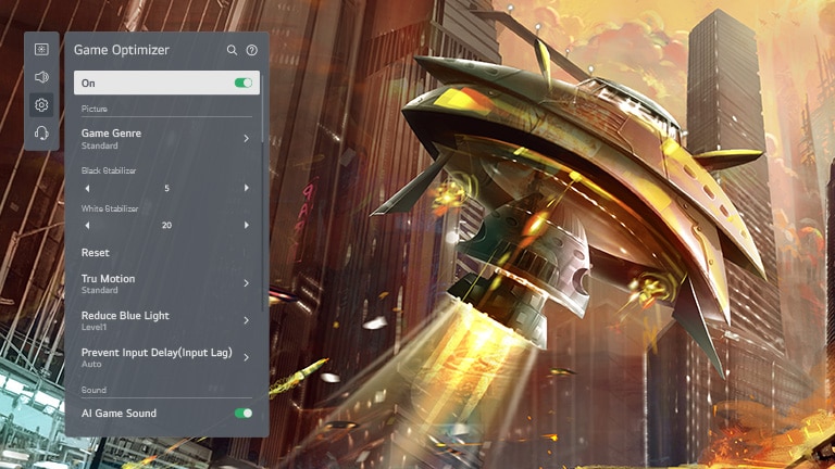 An OLED TV screen displaying a spaceship shooting in a city and LG OLED game optimizer GUI on the left that adjusts game settings.