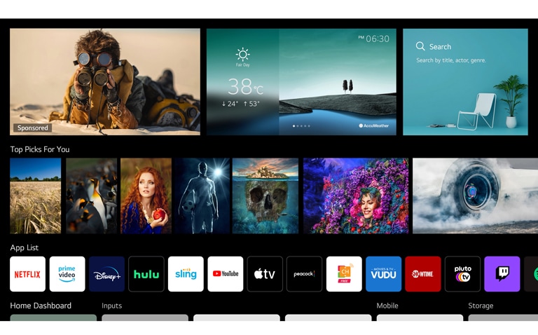 LG ThinQ AI가 나열하고 권장하는 다양한 내용을 보여주는 TV 화면