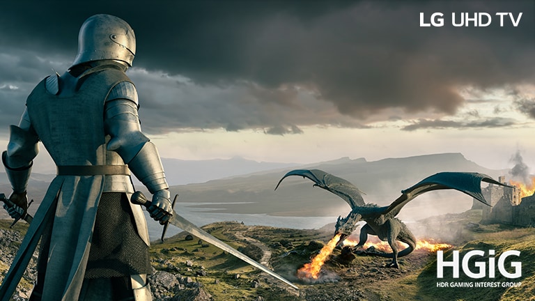 A knight in an armor with a sword and a dragon blowing out fire are facing each other. On the image, there are texts of Conventional on the upper left, LG UHD TV on the upper right, and a HGiG logo on the bottom right.