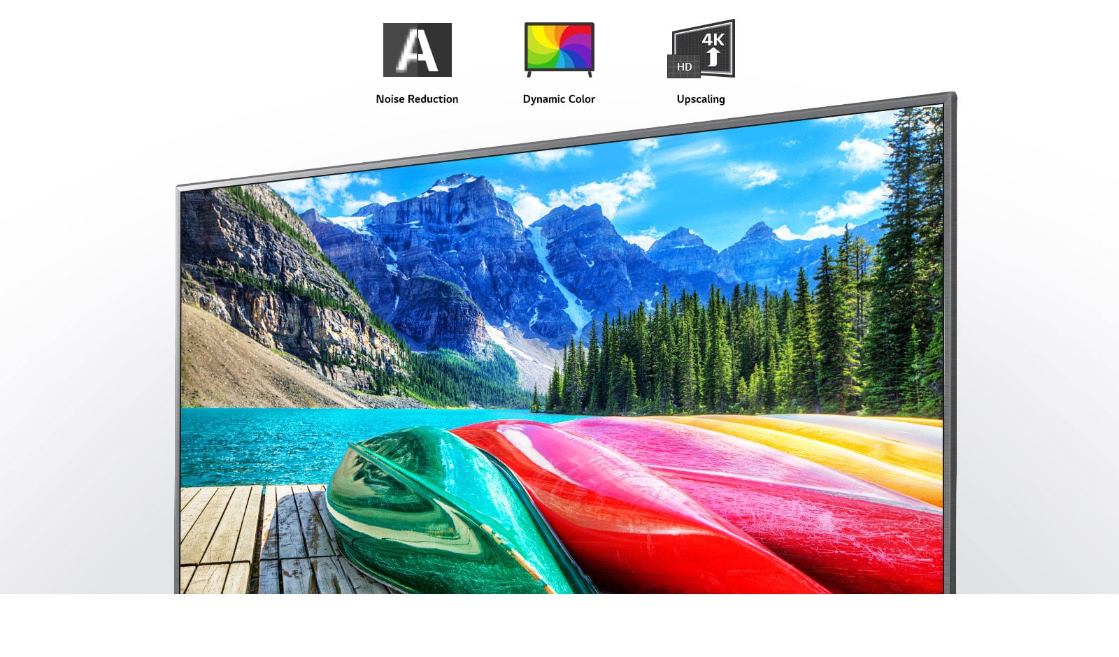 Noise reduction, dynamic color, and upscaling icons and a TV screen showing  a scenic shot of mountains, forest, and a lake.