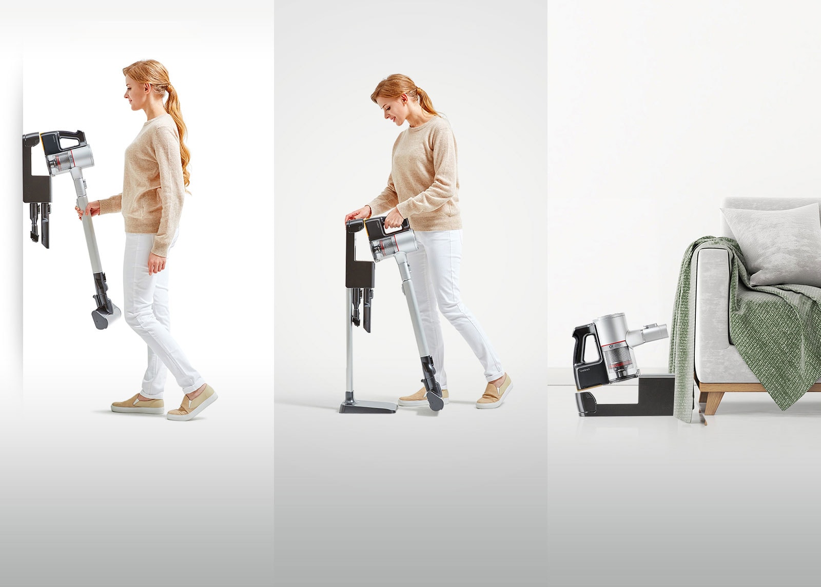 Three images of woman using and storing LG CordZero™ portable vacuum charging stand.