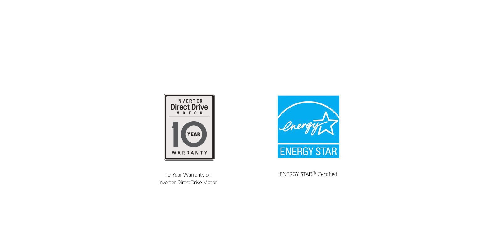 Warranty and Certification Inverter Direct Drive badge and Energy Star logo