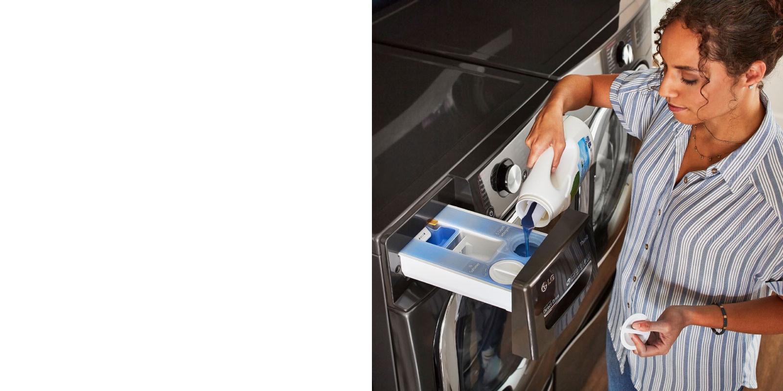 Washer showcasing open detergent and fabric softener dispenser