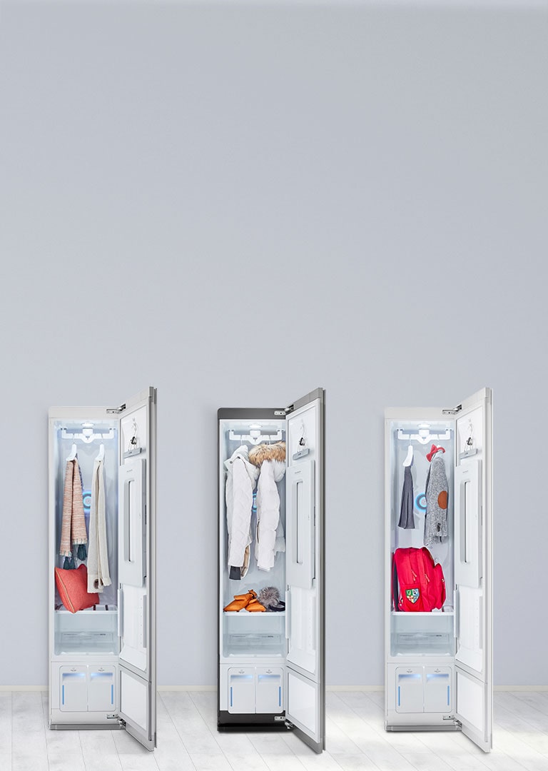 3 open LG Stylers on gray background