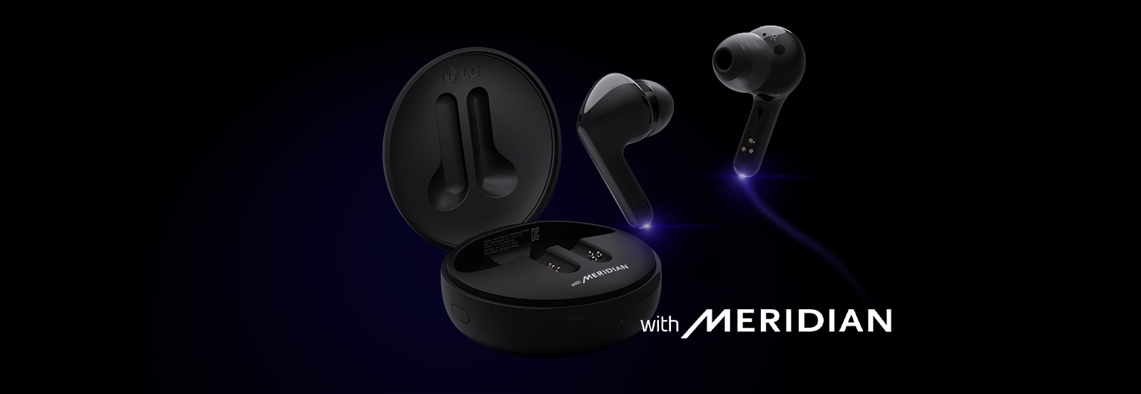 An image of LG TONE Free wireless earbuds with Meridian floating over an opened-up cradle with blue lighting highlighting the bottom stems of the earbuds