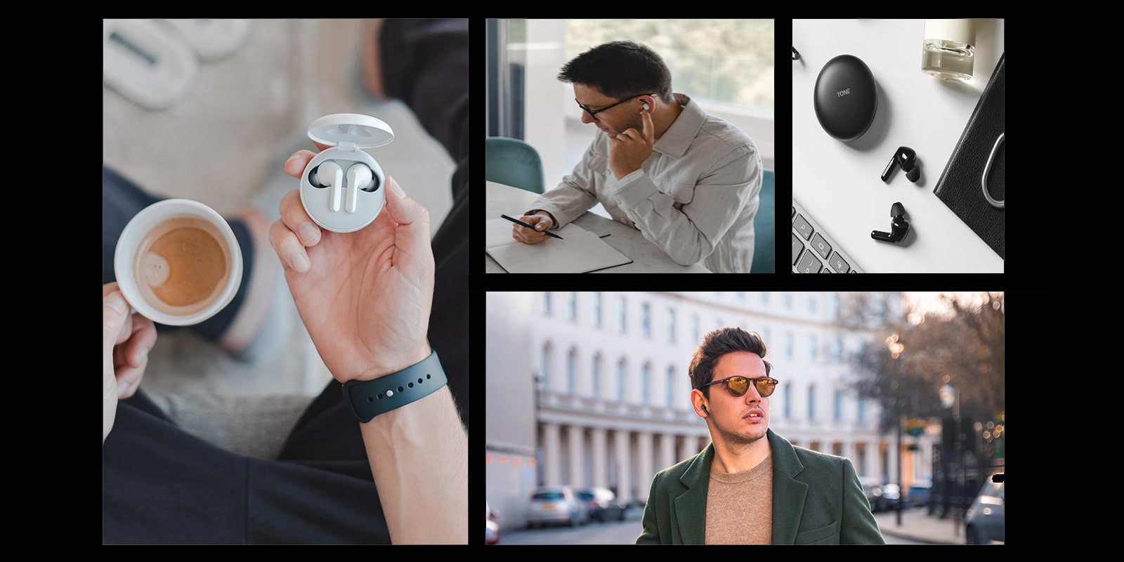 Various images of LG TONE Free wireless earbuds being used