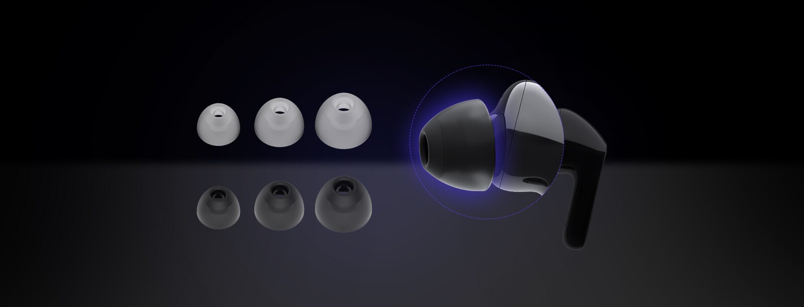 An image of a black earbud and two sets of three different sized comfortable and hypoallergenic ear gels