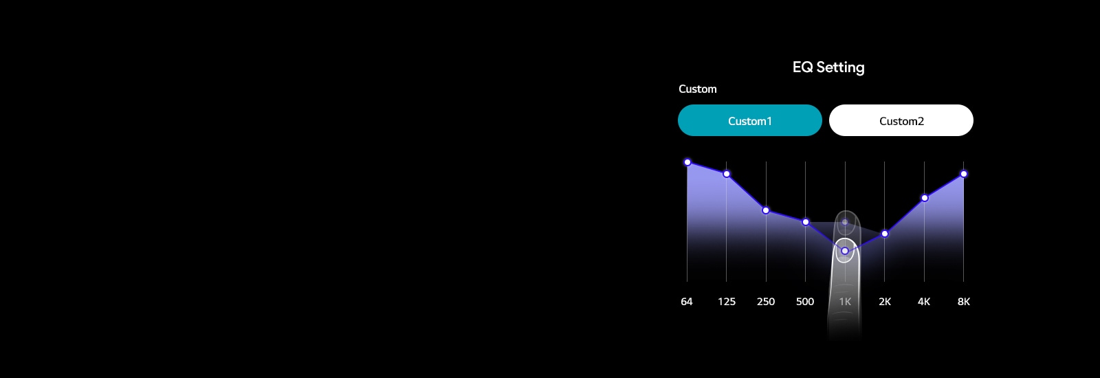 An illustration of the EQ setting page on the TONE Free App. showing a finger moving the sound frequency line graph up and down