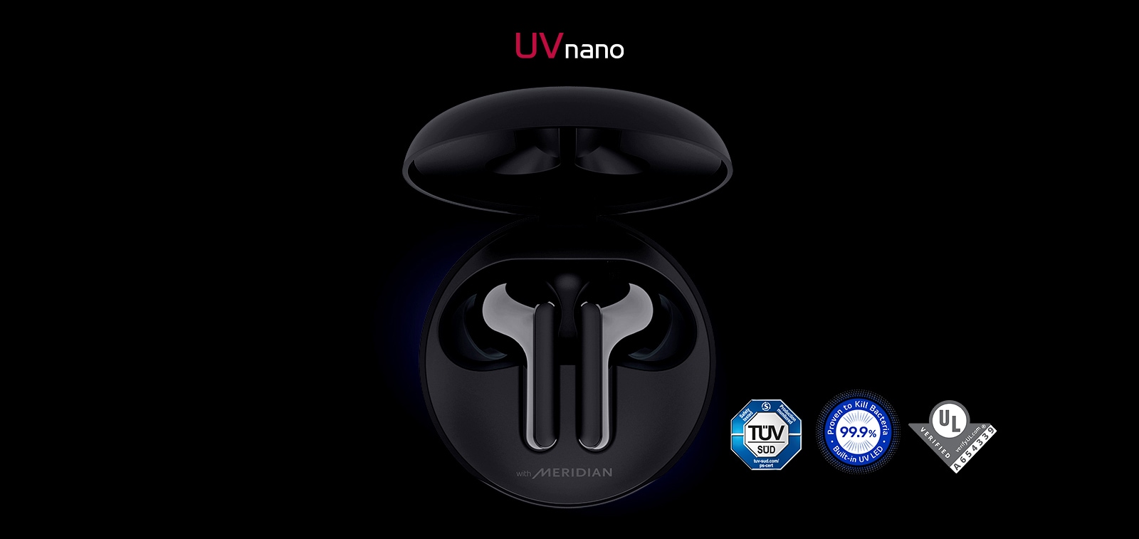 An image of the LG TONE Free cradle opened up with wireless earbuds sitting inside it and blue lighting shining to highlight the UVnano charging case feature to kill 99.9% of bacteria on speaker mesh