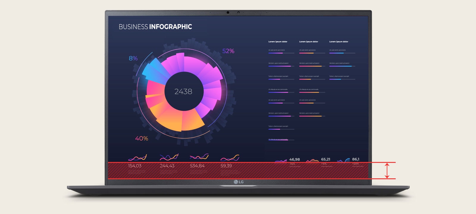 The image shows a high-resolution 16:10 aspect ratio premium large display.