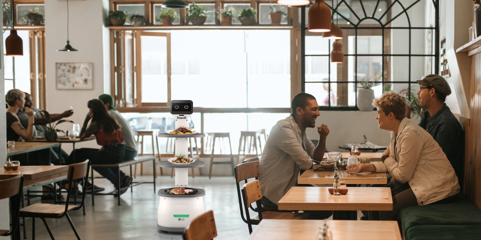 The CLOi Servebot is able to serve multiple tables at once. It automatically detects the presence of food, and departs to the next table after a table is served.