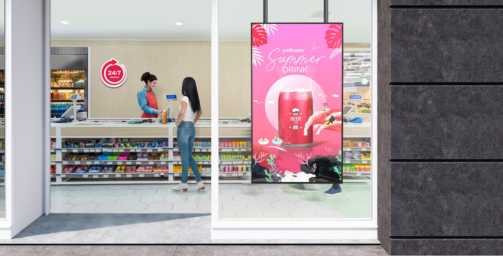 A large LED display is installed on the window inside the convenience store, vividly and brightly showcasing advertisements through the glass.