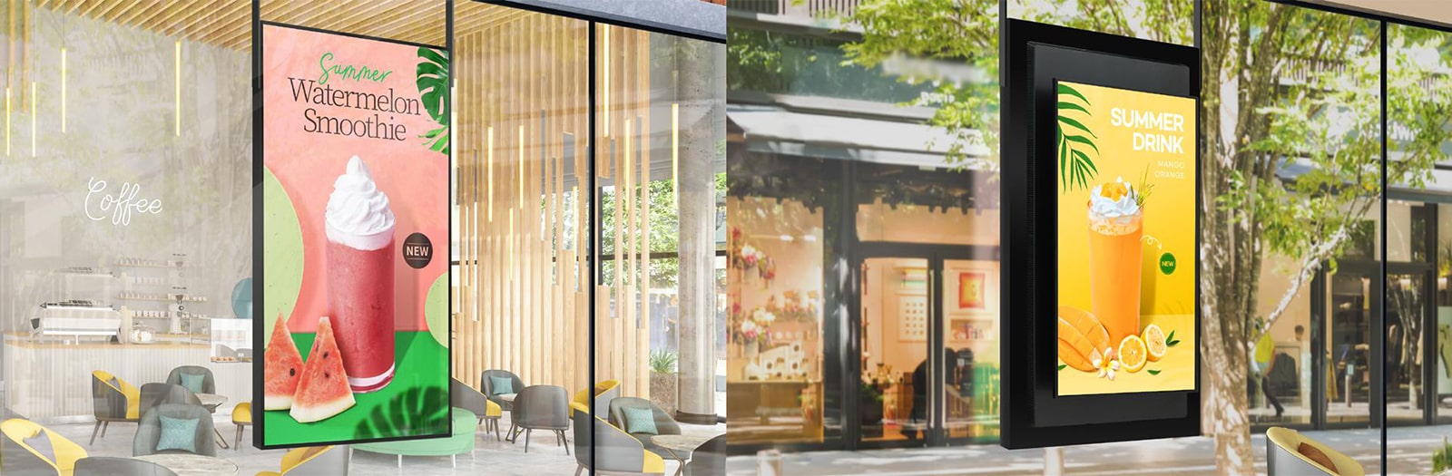 Three different sizes of XS4P are installed on the window inside the cafe. The content plays clearly and vividly through the glass, even in the bright atmosphere.