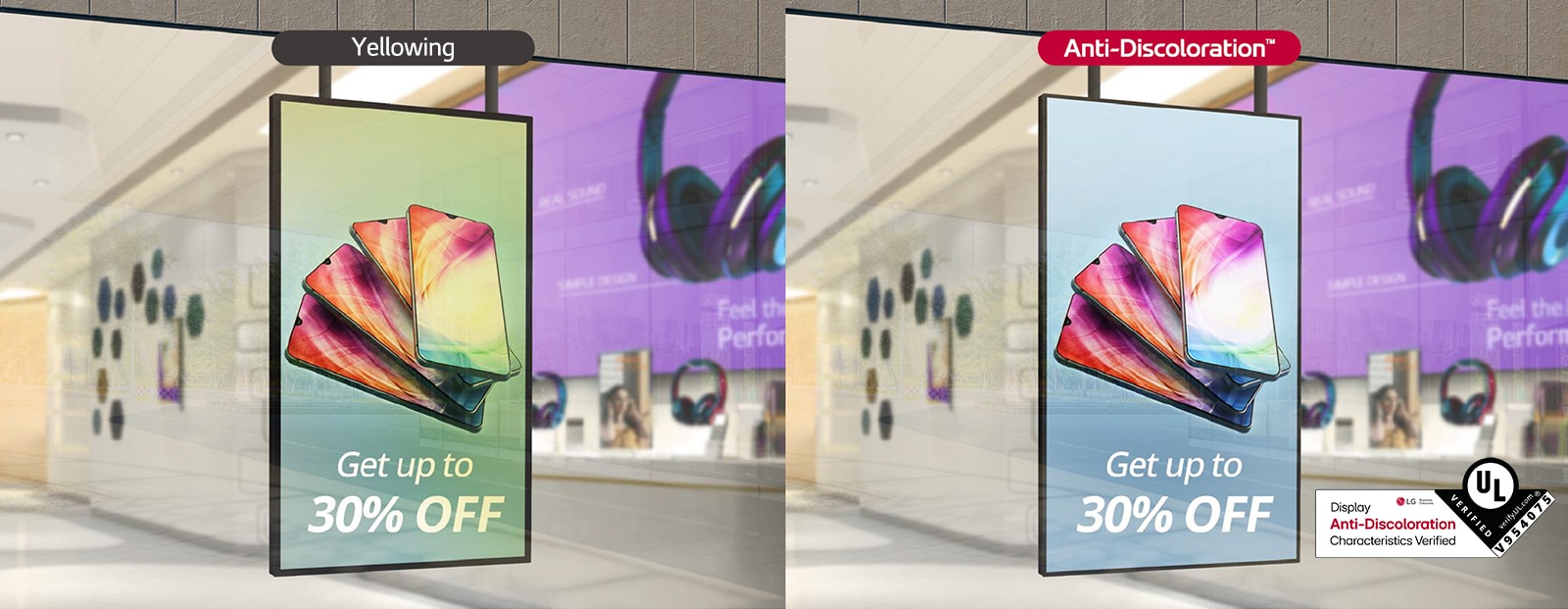 The left side of the screen has yellowing, degrading its quality, but with XS4P, which acquired the UL Verification for Display Anti-Discoloration Features, the screen is clear, safeguarding display quality.