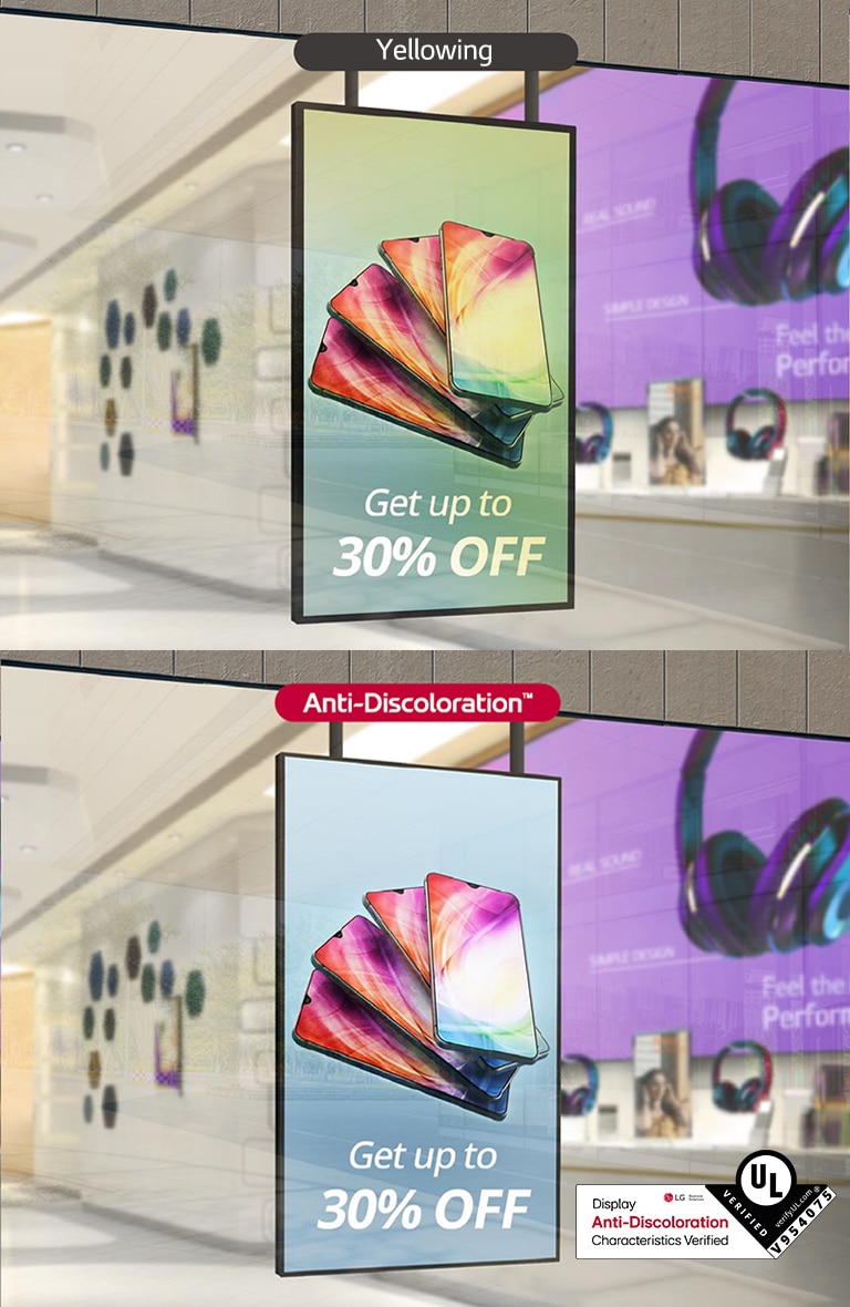 The left side of the screen has yellowing, degrading its quality, but with XS4P, which acquired the UL Verification for Display Anti-Discoloration Features, the screen is clear, safeguarding display quality.