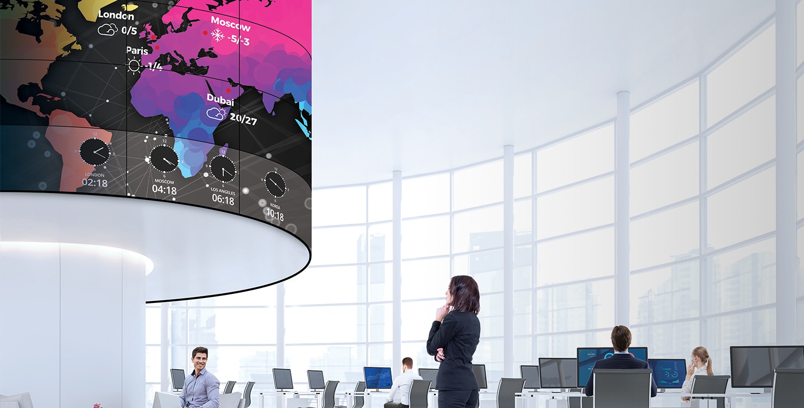 The woman is looking at the weather and time information displayed on the curved screen.