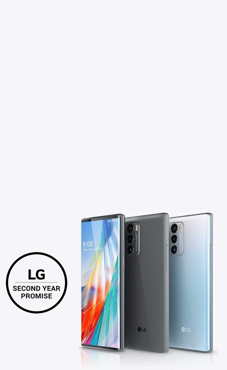 Front and Back images of the LG WING™ with the Second Year Promise logo