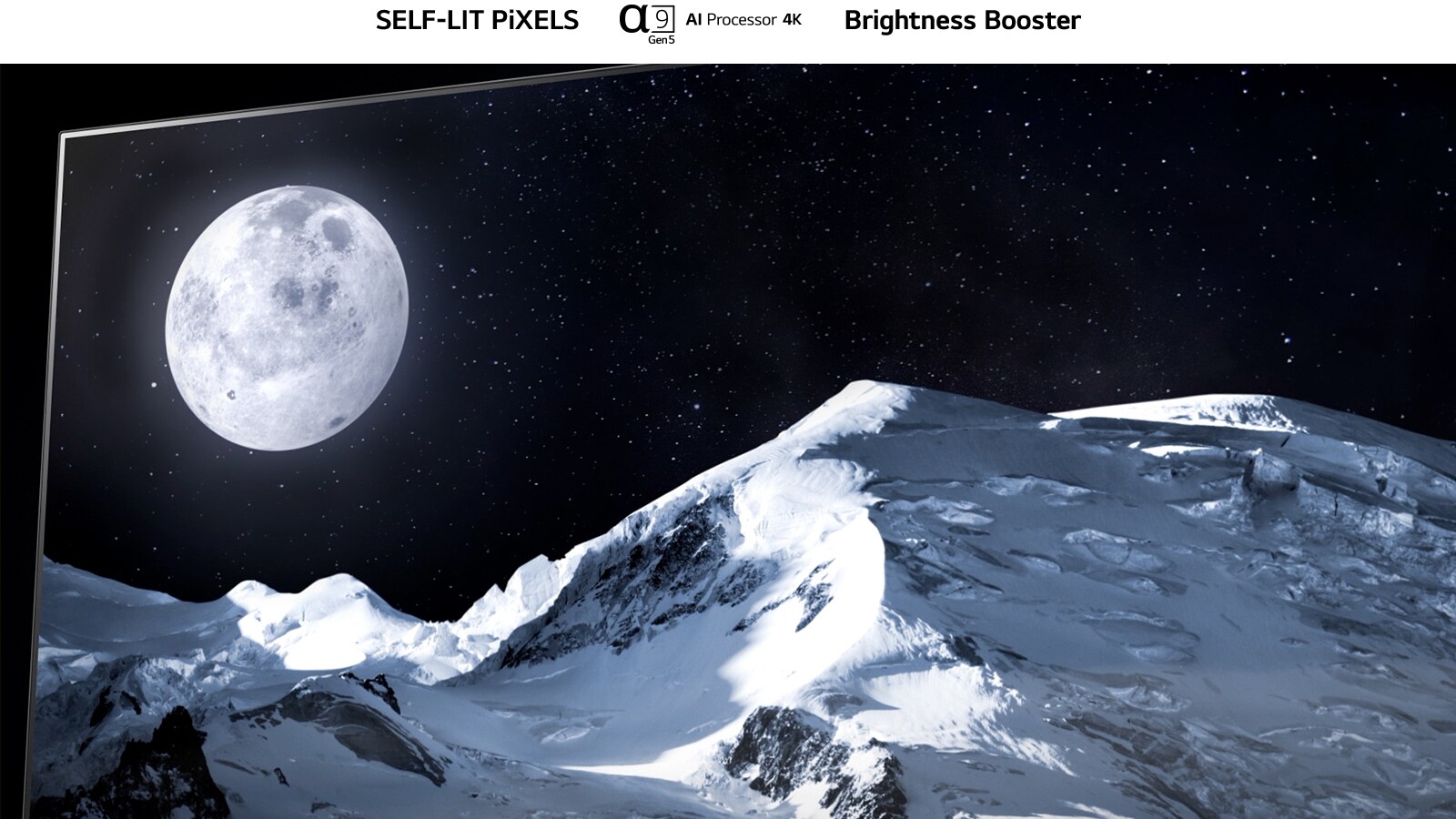 An image of moon floating over snowy mountains