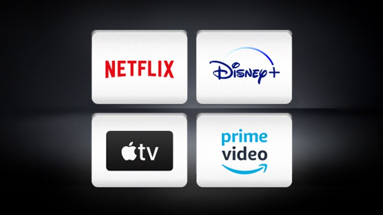 The Netflix logo, the Disney+ logo, the Apple TV logo, the Amazon prime video are arranged horizontally in the black background.