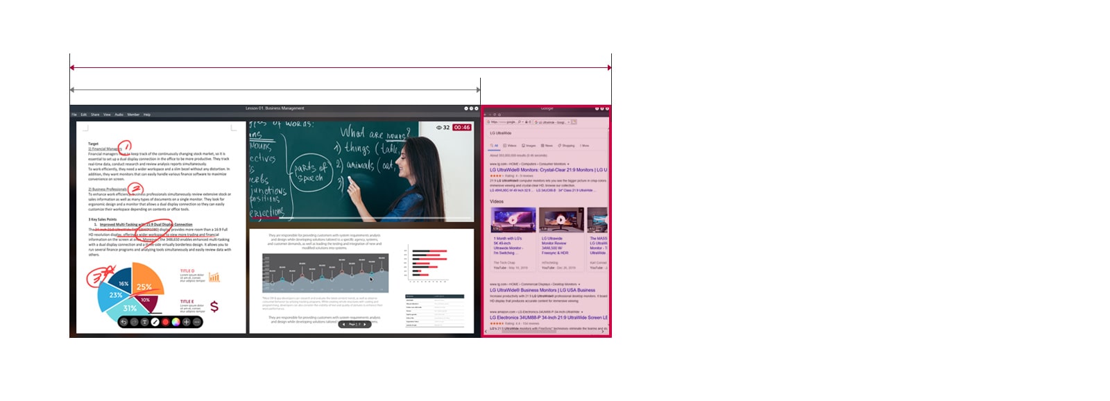 Image of 33% wider screen space of 21:9 UltraWide Full HD compared to 16:9 Full HD display with an ongoing online class on the screen.