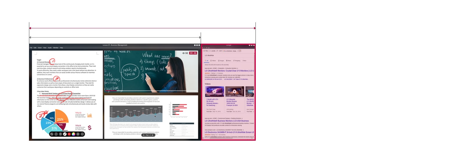 Image of 33% wider screen space of 21:9 UltraWide Full HD compared to 16:9 Full HD display with an ongoing online class on the screen. 