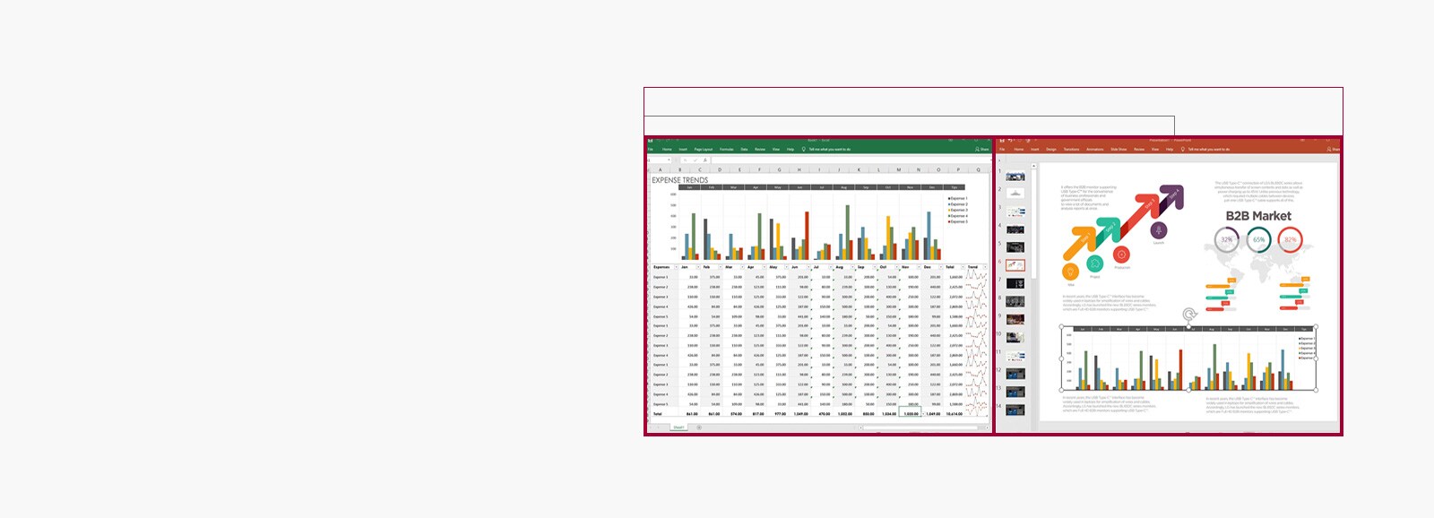 Image of displaying datasheets and slides side by side on the screen of 21:9 UltraWide Full HD, while 16:9 Full HD screen does not allow it due to insufficient space.