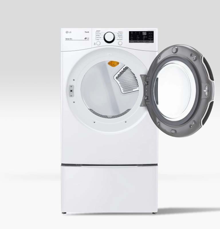 Washer showcasing reversible door