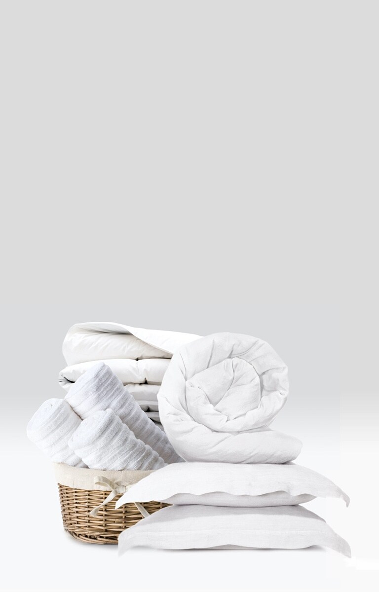 Laundered comforter, pillows and towels