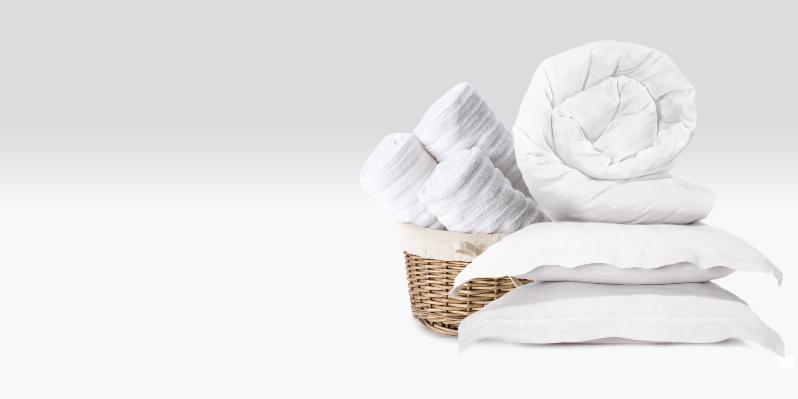 Laundered comforter, pillows and towels