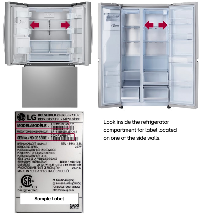 Refrigerator with arrows pointing to serial number location