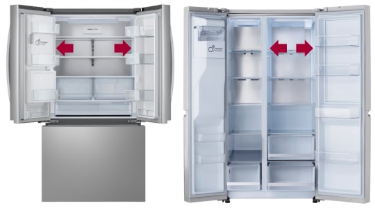 Refrigerator with arrows pointing to serial number location