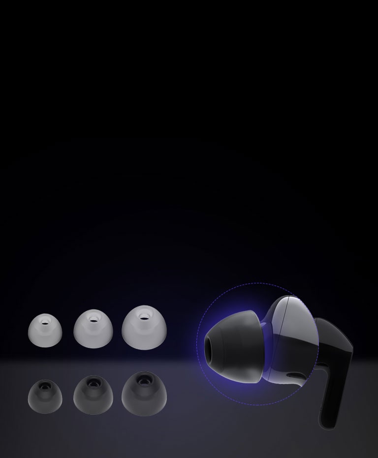 An image of a white earbud and two sets of three different sized ear gels.