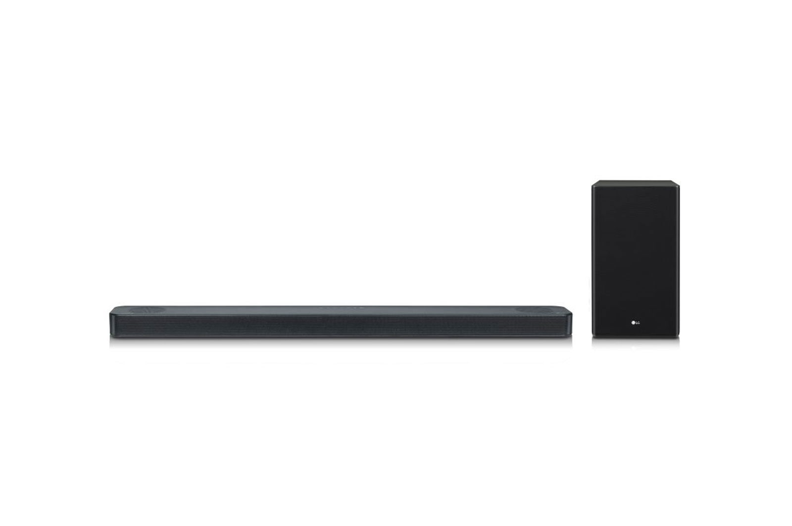 LG SL8YG 3.1.2 Channel 440W Sound Bar w/ Meridian Technology & Dolby Atmos, soundbar and speaker front view, SL8YG